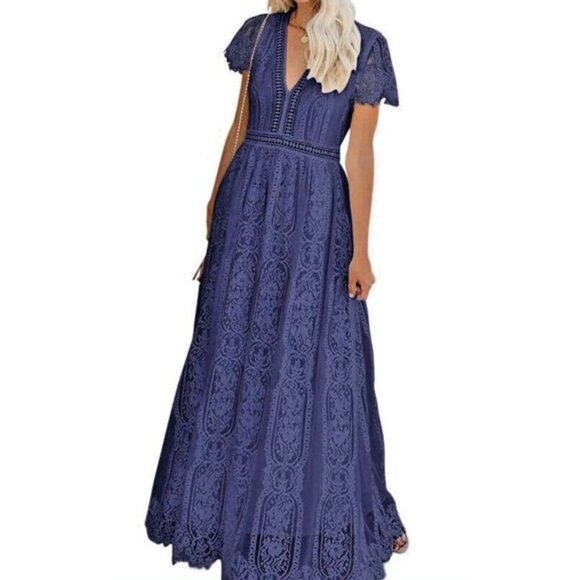 Merokeety Dresses & Skirts - Merokeety Maxi Dress Lace Overlay Indigo Blue Boho Crochet Fringe Knit V Neck L